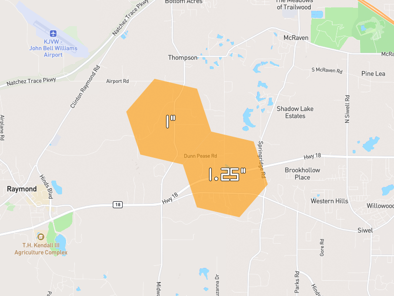 Hail map of Raymond, MS on Jun 2, 2026, hail up to 1.25"
