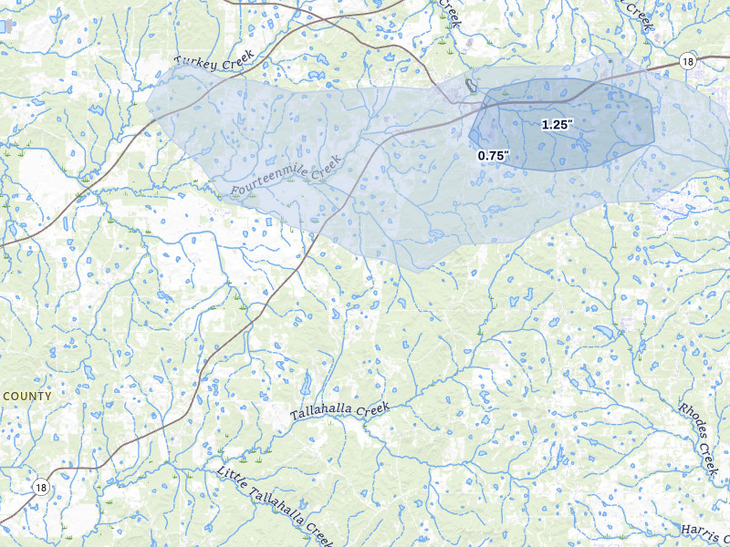 NEXRAD radar-signature map of the hail over Raymond, MS