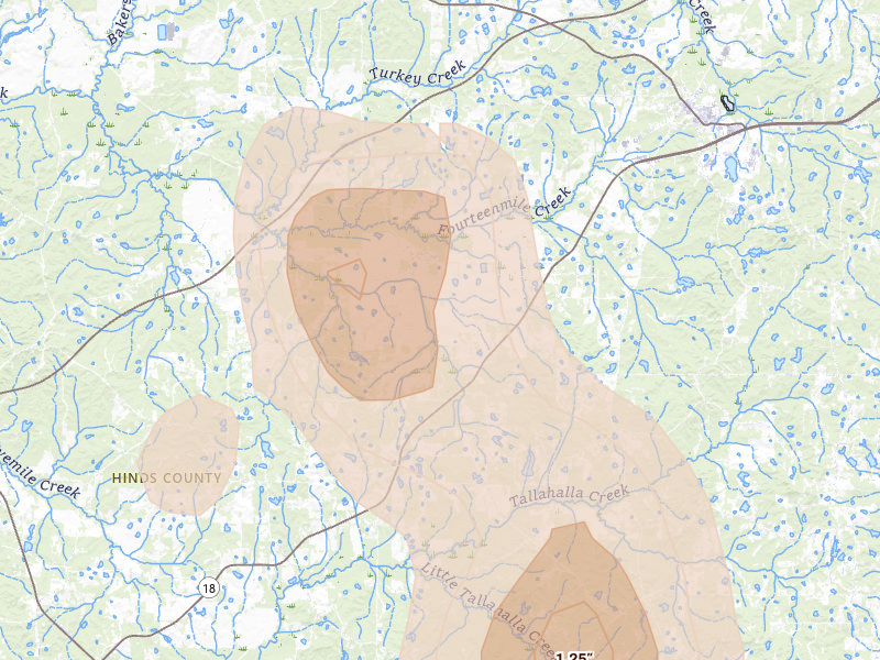 Radar-estimated hail-size map of the storm over Raymond, MS on Aug 21, 2026