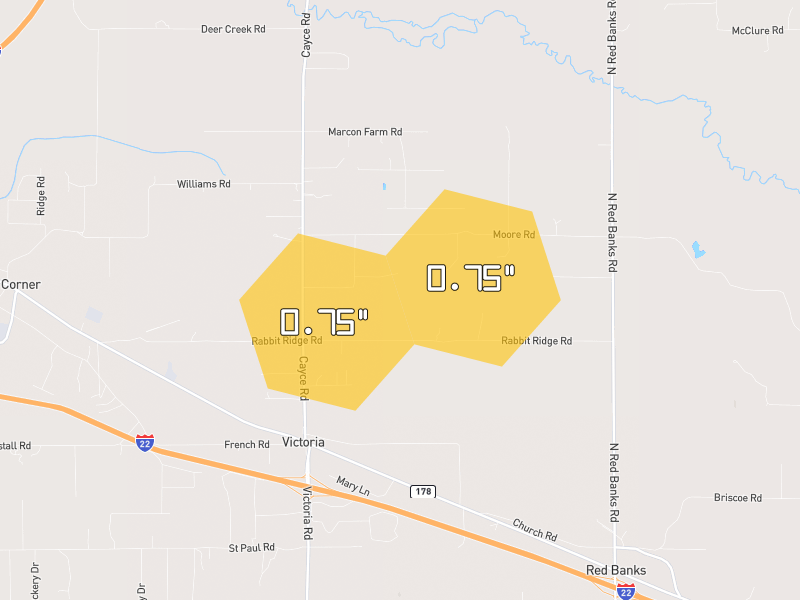Hail map of Red Banks, MS on Jul 8, 2026, hail up to 0.75"