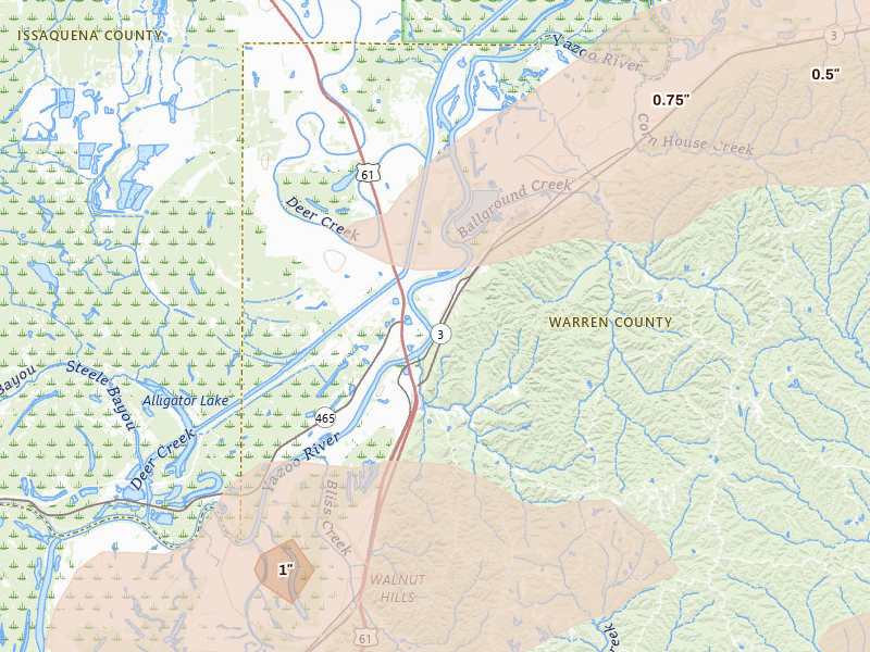 Radar-estimated hail-size map of the storm over Redwood, MS on Apr 24, 2026