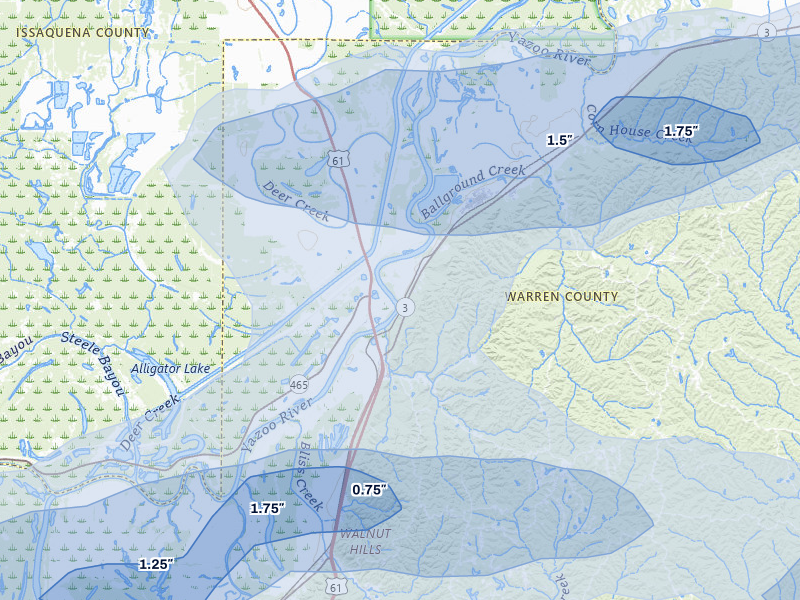 NEXRAD radar-signature map of the hail storm over Redwood, MS on Apr 24, 2026