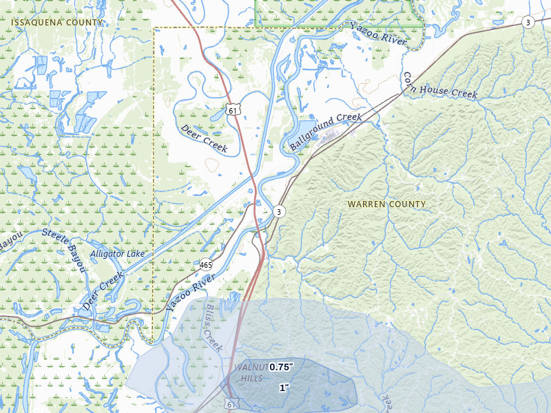 NEXRAD radar-signature map of the hail storm over Redwood, MS on Jul 1, 2026