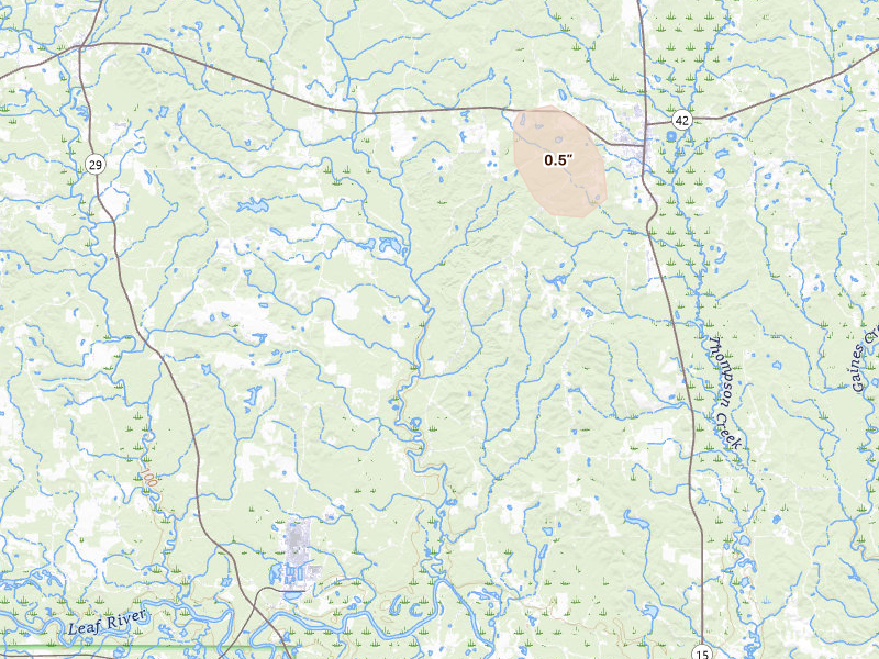 Radar-estimated hail-size map of the storm over Richton, MS on Aug 6, 2026