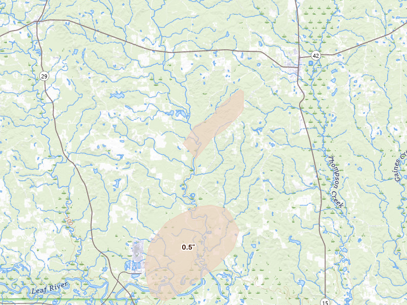 Radar-estimated hail-size map of the storm over Richton, MS on Aug 19, 2026