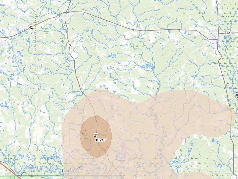 Radar-estimated hail-size map of the storm over Richton, MS on Aug 21, 2026