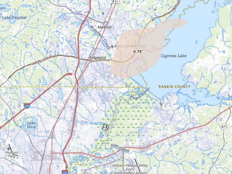 Radar-estimated hail-size map of the storm over Ridgeland, MS on Mar 7, 2026