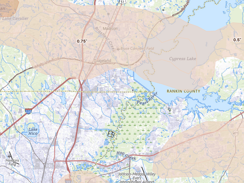 Radar-estimated hail-size map of the storm over Ridgeland, MS on Apr 24, 2026