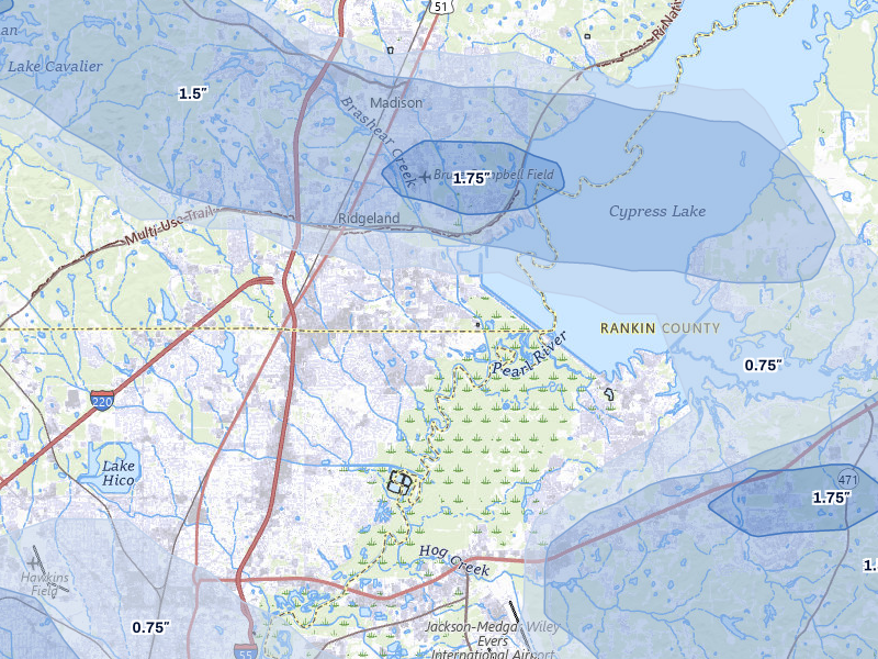 NEXRAD radar-signature map of the hail over Ridgeland, MS