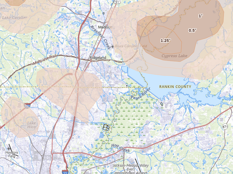 Radar-estimated hail-size map of the storm over Ridgeland, MS on Jun 1, 2026