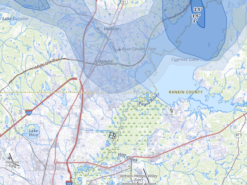 NEXRAD radar-signature map of the hail storm over Ridgeland, MS on Jun 1, 2026