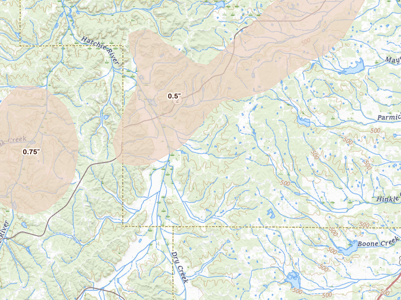 Radar-estimated hail-size map of the storm over Rienzi, MS on Mar 15, 2026