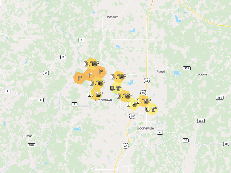 Hail map of Rienzi, MS on Jun 1, 2026, hail up to 1"