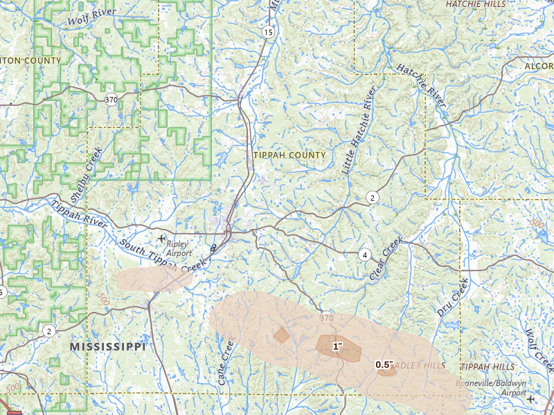 Radar-estimated hail-size map of the storm over Ripley, MS on Feb 26, 2026