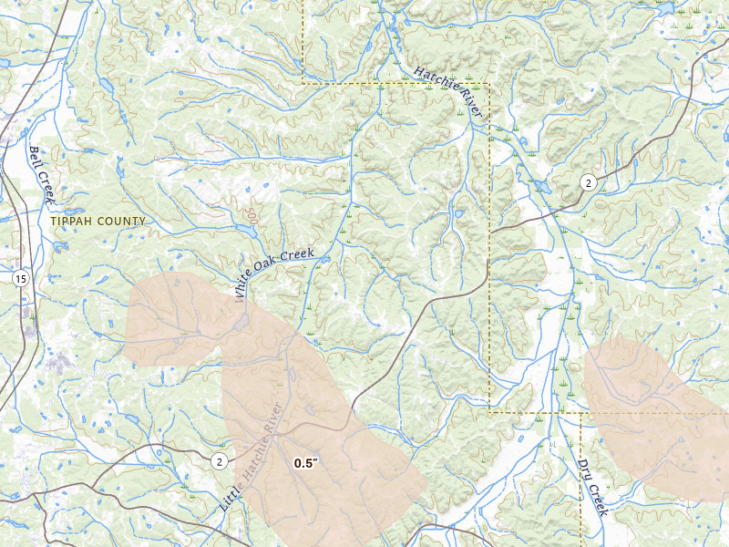 Radar-estimated hail-size map of the storm over Ripley, MS on Jun 1, 2026