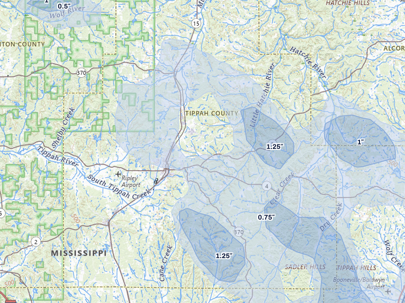 NEXRAD radar-signature map of the hail storm over Ripley, MS on Jun 1, 2026