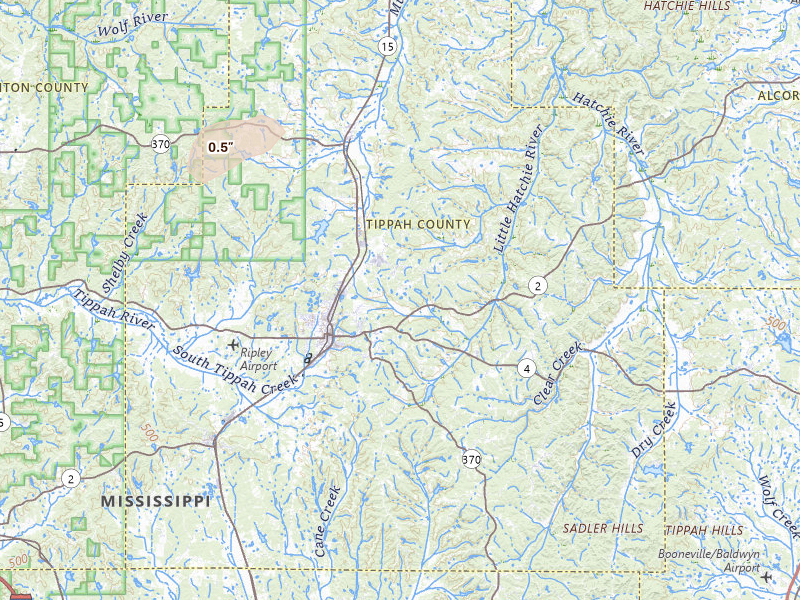 Radar-estimated hail-size map of the storm over Ripley, MS on Jun 12, 2026