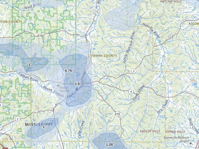 NEXRAD radar-signature map of the hail storm over Ripley, MS on Jul 1, 2026