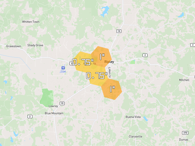Hail map of Ripley, MS on Jul 1, 2026, hail up to 1"
