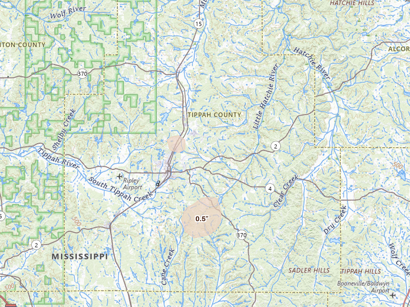 Radar-estimated hail-size map of the storm over Ripley, MS on Jul 3, 2026