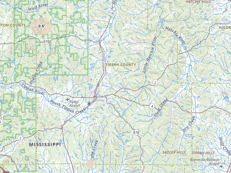 Radar-estimated hail-size map of the storm over Ripley, MS on Jul 10, 2026