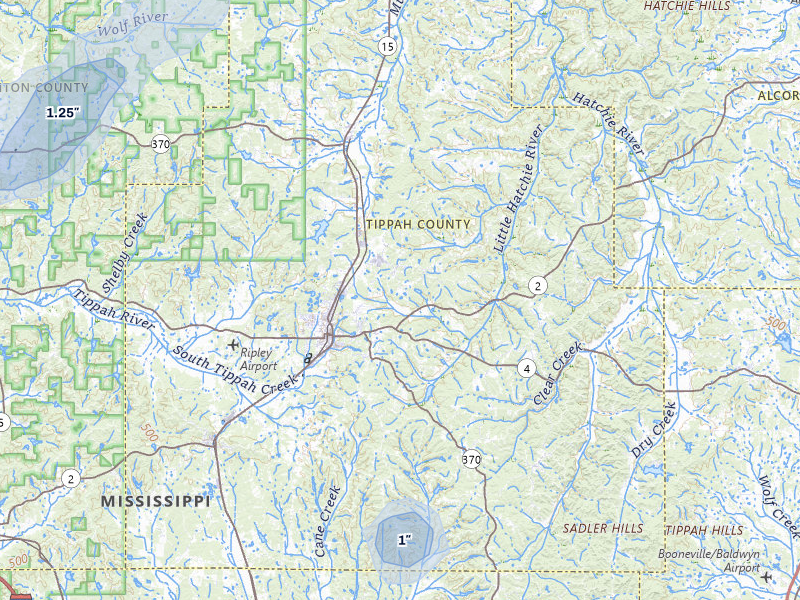 NEXRAD radar-signature map of the hail storm over Ripley, MS on Jul 10, 2026