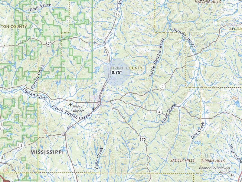 NEXRAD radar-signature map of the hail storm over Ripley, MS on Jul 11, 2026