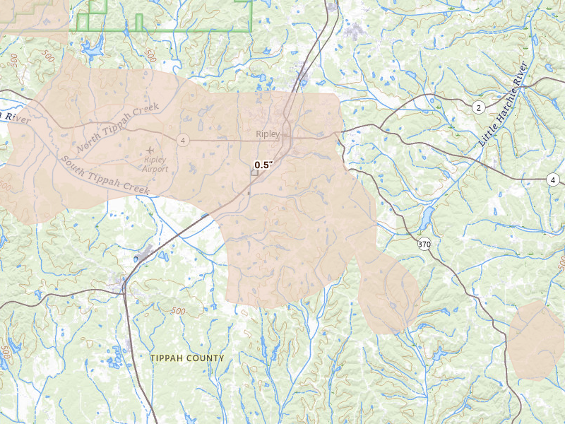 Radar-estimated hail-size map of the storm over Ripley, MS on Aug 17, 2026