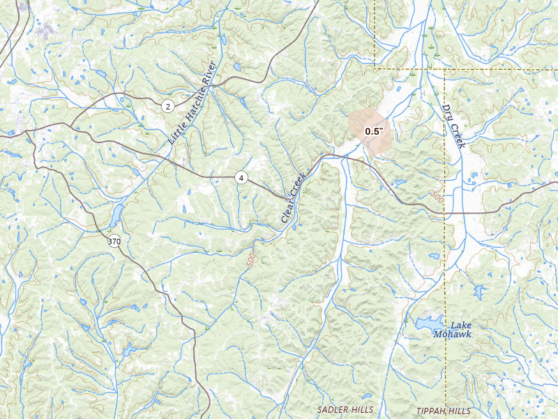 Radar-estimated hail-size map of the storm over Ripley, MS on Aug 27, 2026
