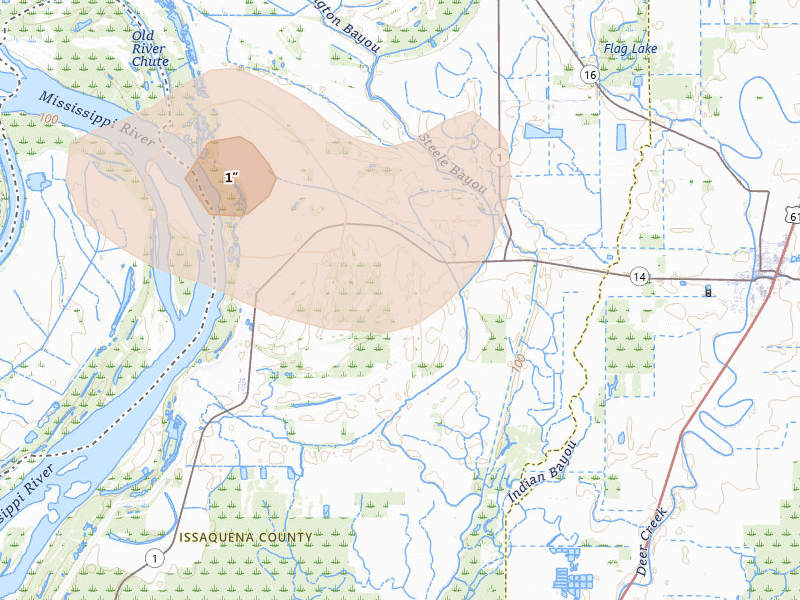 Radar-estimated hail-size map of the storm over Rolling Fork, MS on Jun 22, 2026