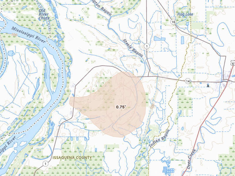 Radar-estimated hail-size map of the storm over Rolling Fork, MS on Jul 13, 2026