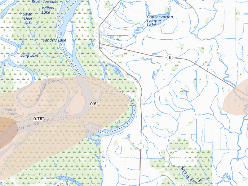 Radar-estimated hail-size map of the storm over Rosedale, MS on Mar 15, 2026