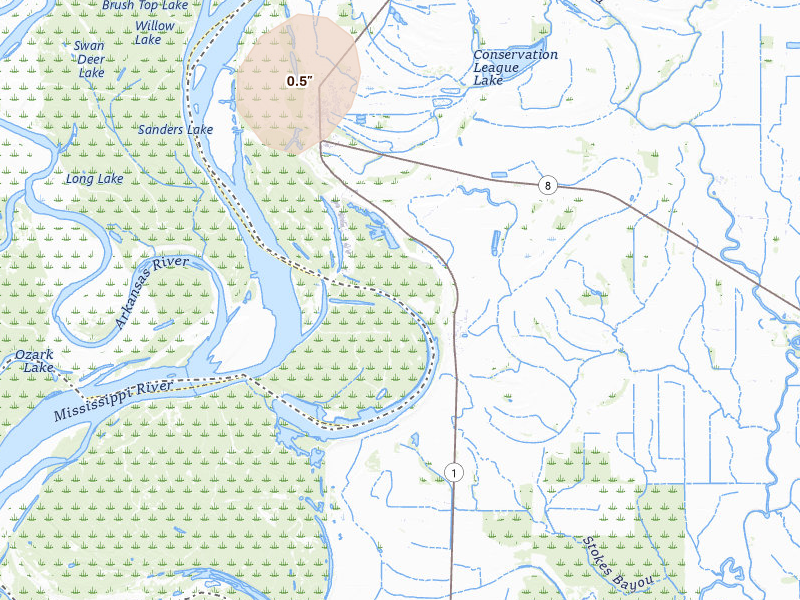 Radar-estimated hail-size map of the storm over Rosedale, MS on Jul 2, 2026