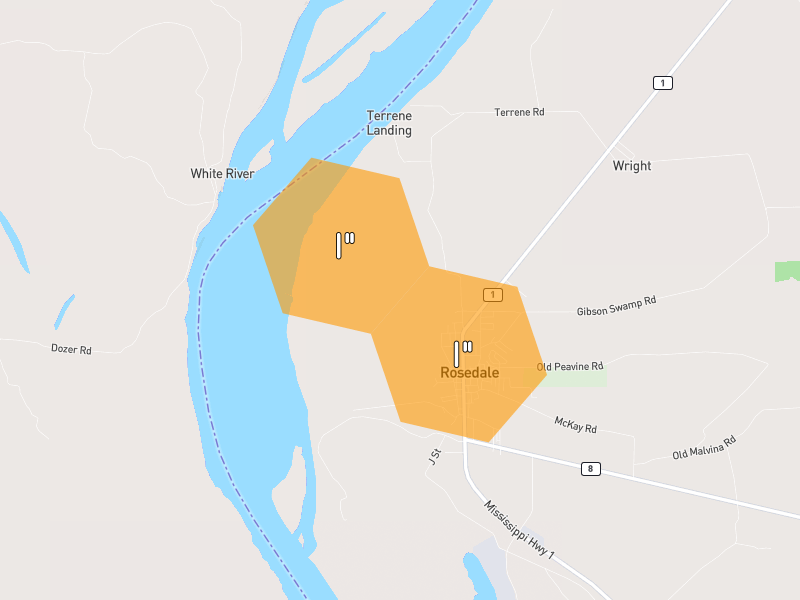 Hail map of Rosedale, MS on Jul 2, 2026, hail up to 1"