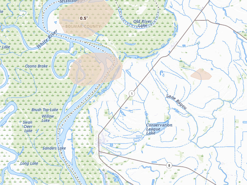 Radar-estimated hail-size map of the storm over Rosedale, MS on Aug 22, 2026