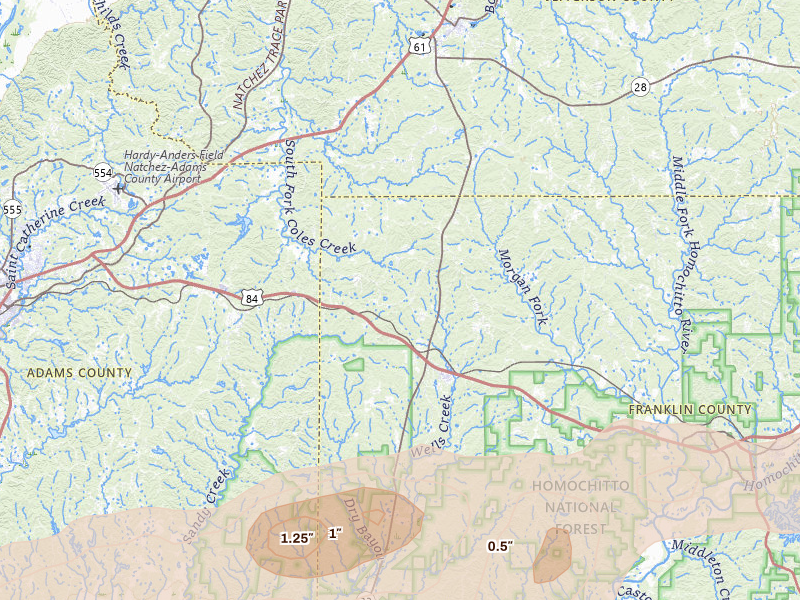 Radar-estimated hail-size map of the storm over Roxie, MS on May 6, 2026