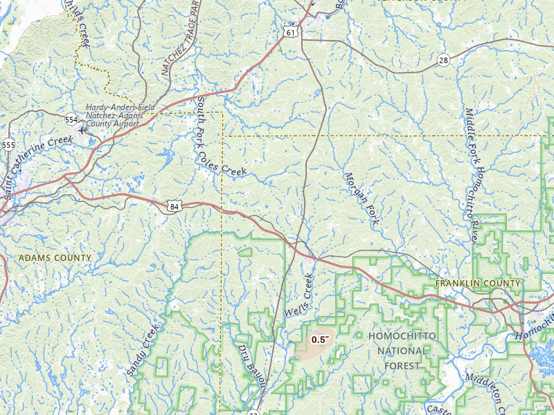 Radar-estimated hail-size map of the storm over Roxie, MS on Jul 8, 2026