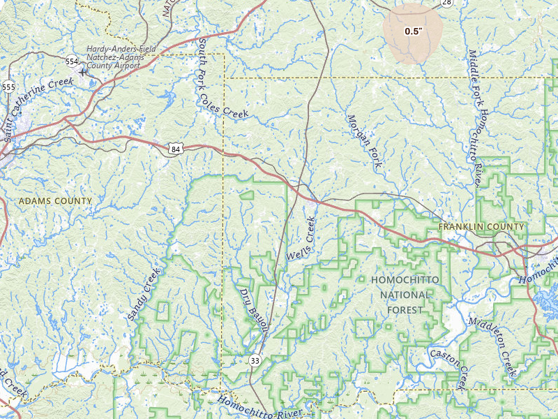 Radar-estimated hail-size map of the storm over Roxie, MS on Aug 26, 2026