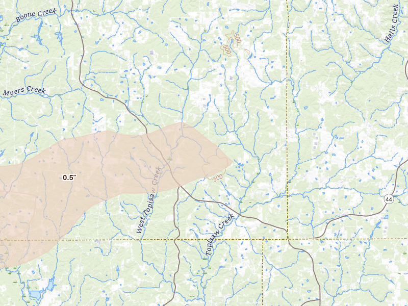 Radar-estimated hail-size map of the storm over Ruth, MS on Mar 9, 2026