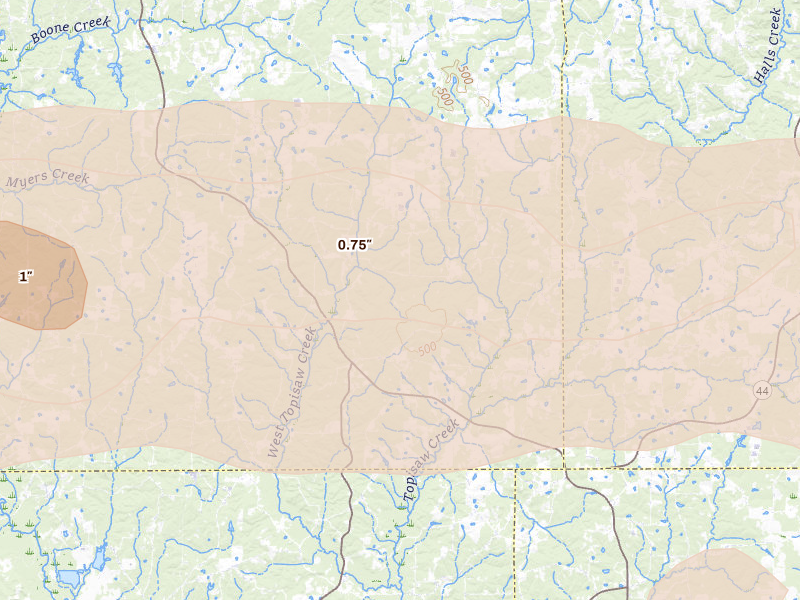 Radar-estimated hail-size map of the storm over Ruth, MS on May 6, 2026
