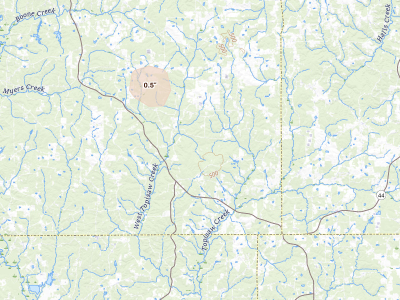 Radar-estimated hail-size map of the storm over Ruth, MS on Jun 1, 2026