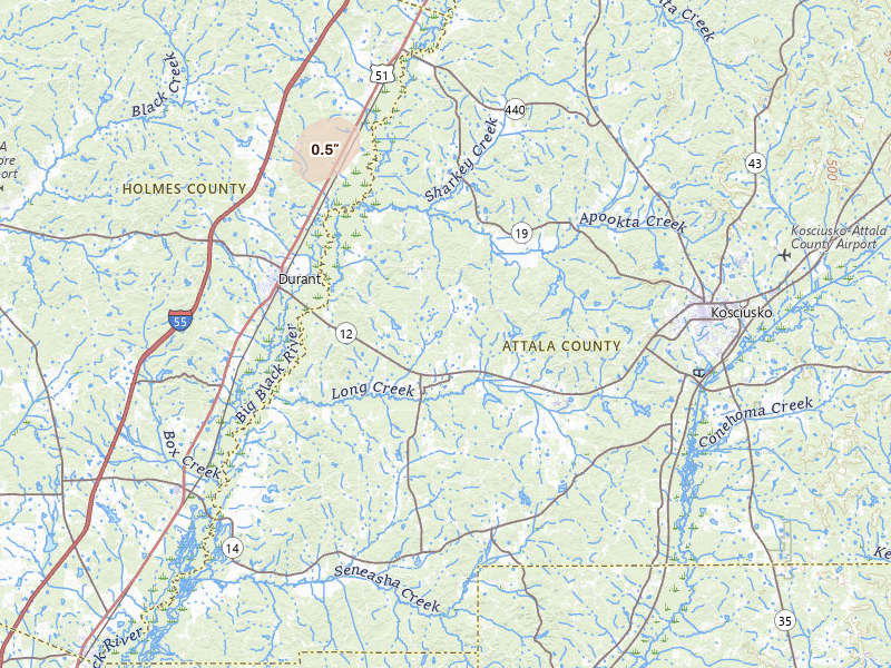 Radar-estimated hail-size map of the storm over Sallis, MS on May 19, 2026