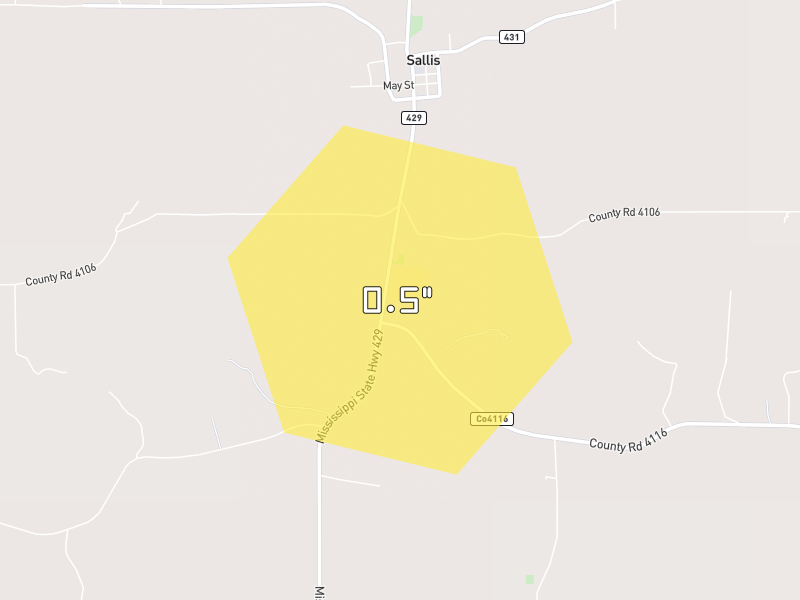 Hail map of Sallis, MS on Jun 2, 2026, hail up to 0.5"