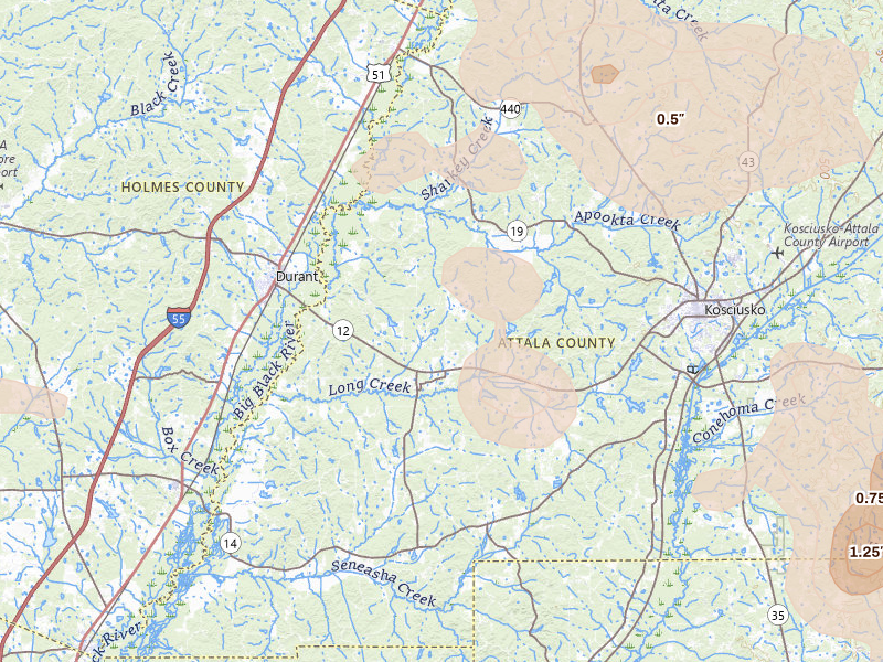 Radar-estimated hail-size map of the storm over Sallis, MS on Aug 20, 2026