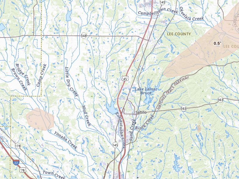 Radar-estimated hail-size map of the storm over Saltillo, MS on Mar 15, 2026