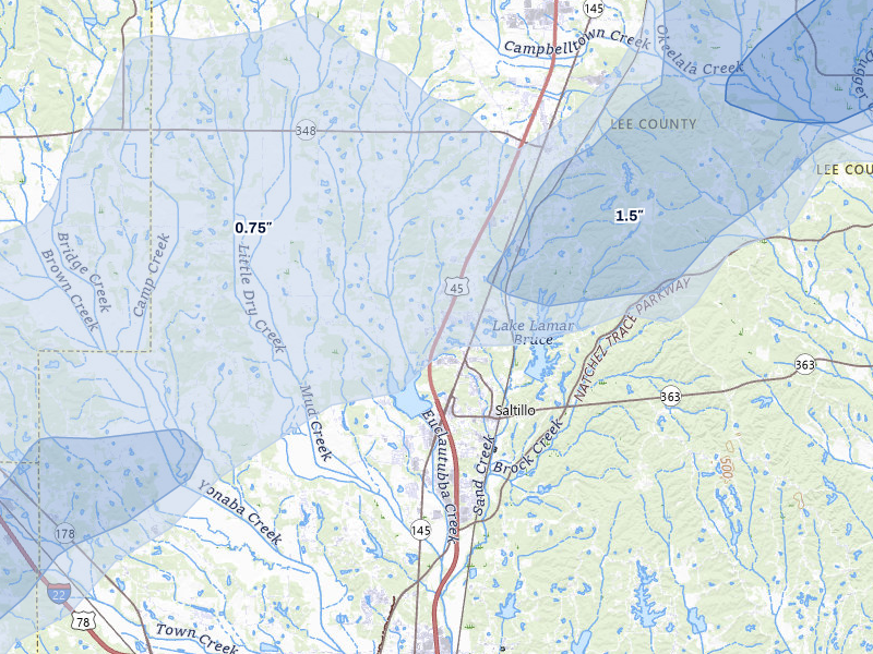 NEXRAD radar-signature map of the hail over Saltillo, MS