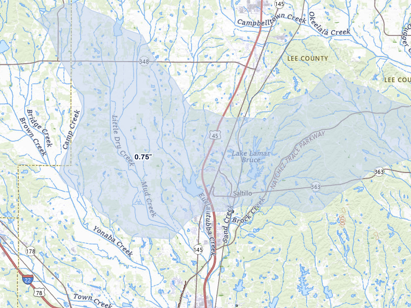 NEXRAD radar-signature map of the hail over Saltillo, MS