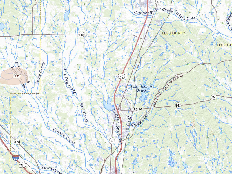 Radar-estimated hail-size map of the storm over Saltillo, MS on Jul 1, 2026