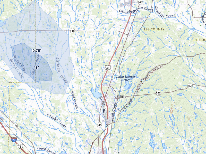 NEXRAD radar-signature map of the hail storm over Saltillo, MS on Jul 1, 2026