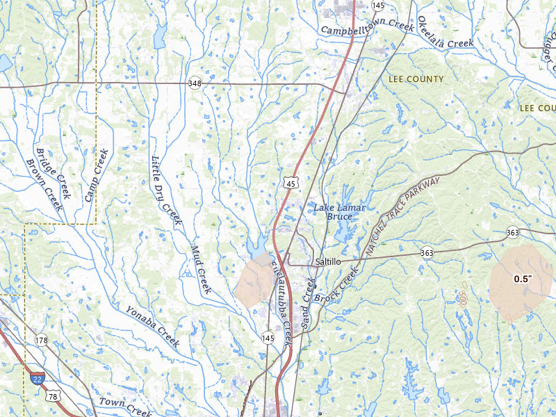 Radar-estimated hail-size map of the storm over Saltillo, MS on Jul 3, 2026